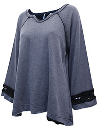 FP GREY Bell Sleeve Crochet High-Low Sweatshirt - Size 8/10 to 16/18 (S to L)