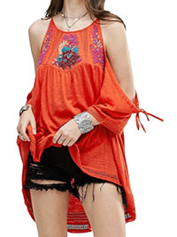 FP RED Pure Cotton Embroidered Cold Shoulder Top - Size 4/6 to 16/18 (XS to L)