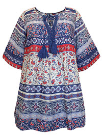 BLUE Tassel Tie Boho Printed Top - Size 12 to 18 (S to XL)