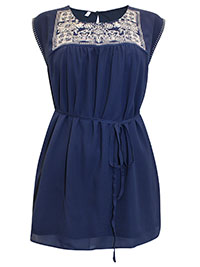 BLUE Sleeveless Embroidered Tie Waist Top - Size 12 to 18 (S to XL)
