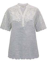 WS IVORY Pure Cotton Notch Neck Embroidered Top - Size 10 to 20