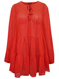 RED Tie Neck Tiered Tunic Top - Plus Size 14 to 22