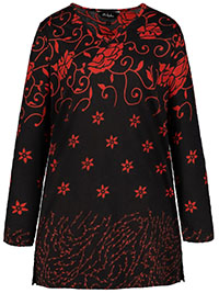 ULLAP BLACK Red Floral Print V-Neck Cotton Knit Yunic - Plus Size 20/22 to 32/34