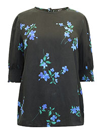 BLACK Floral Shirred Cuff Puff Sleeve Top - Plus Size 16 to 26