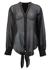 BLACK Rainbow Spot Tie Front Blouse - Size 12 to 16