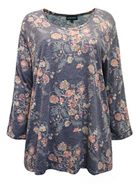 BLUE Floral Print 3/4 Sleeve Crinkle Top - Size 12 to 16 (S to L)