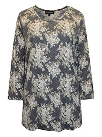 GREY Floral Print 3/4 Sleeve Crinkle Top - Size 12 to 18 (S to XL)