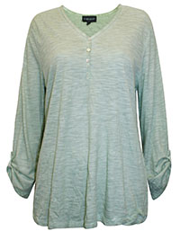 GREEN Button Up V-Neck Roll Sleeve Top - Size 12 to 18 (S to XL)