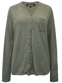 KHAKI Button Front Pocket Detail Roll Sleeve Top - Size 12 to 16 (S to L)