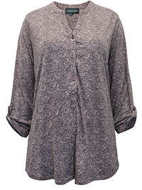 PURPLE Roll Sleeve Printed Henley Top - Size 14 to 18 (M to XL)