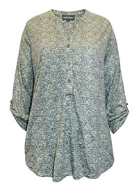GREEN Roll Sleeve Printed Henley Top - Size 12 to 18 (S to XL)