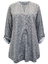 GREY Roll Sleeve Printed Henley Top - Size 12 to 16 (S to L)