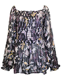 BLACK Floral Print Shirred Bardot Milkmaid Top - Size 10 to 14