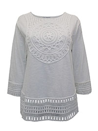 IVORY Pure Cotton 3/4 Sleeve Crochet Top - Size 10/12 to 22/24 (S to XL)