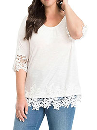 IVORY Crochet Trim 3/4 Sleeve Top - Plus Size 22/24 to 26/28 (XL to 2XL)