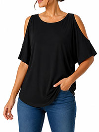 BLACK Round Neck Cold Shoulder Top - Plus Size 10/12 to 30/32 (S to 3XL)