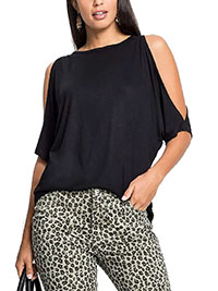 BLACK Round Neck Cold Shoulder Top - Plus Size 10/12 to 30/32 (S to 3XL)