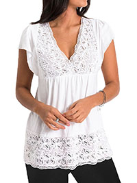 WHITE Cotton Blend Lace Trim V-Neck Tunic - Size 10/12 to 26/28 (S to 2XL)