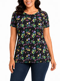 BLACK Pure Cotton Floral Print Lattice Hem Top - Plus Size 12 to 30