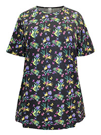 BLACK Pure Cotton Floral Print Lattice Hem Top - Plus Size 12 to 30