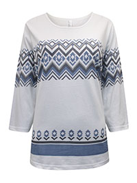 WHITE Pure Cotton Fairisle Print 3/4 Sleeve Top - Plus Size 14 to 24