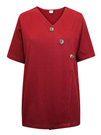 DEEP-RED Pure Cotton Button Detail Wrap Top - Plus Size 16 to 30