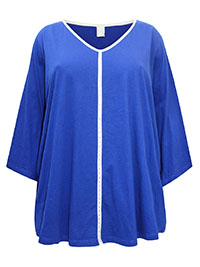 BLUE Pure Cotton Contrast Trim Embellished Top - Plus Size 30
