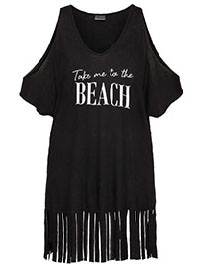 BLACK Slogan Print Tassel Trim Beach Cover Up - Size 10/12 to 26/28 (S to 2XL)