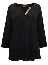 BLACK Pure Cotton Sequin Detail 3/4 Sleeve Top - Plus Size 18/20 to 30/32 (L to 3XL)
