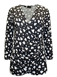 BLACK Heart Print 3/4 Sleeve Wrap Top - Plus Size 14/16 to 26/28 (M to 2XL)