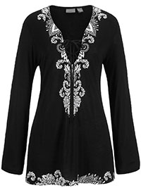 BLACK Embroidery Print Beach Kaftan - Size 10/12 to 22/24