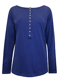 BLUE Pure Cotton Long Sleeve Henley Top - Size 10/12 to 26/28 (S to 2XL)
