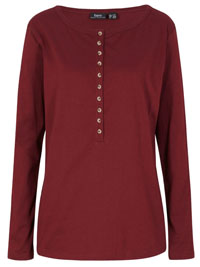 MAPLE-RED Pure Cotton Long Sleeve Henley Top - Size 10/12 to 26/28 (S to 2XL)