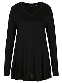 BLACK Long Sleeve Flared Hem T-Shirt - Size 10/12 to 30/32 (S to 3XL)