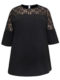 BLACK Pure Cotton Lace Insert 3/4 Sleeve Top - Plus Size 20 to 30