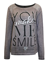 GREY Pure Cotton Slogan Print Long Sleeve Top - Size 10 to 18 (XS to XL)