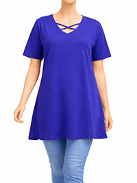 ULLAP BLUE Pure Cotton Lattice Detail Short Sleeve Tunic - Size 12/14 to 16/18
