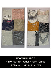 12-PACK Assorted Pure Cotton Mixed Styles Tops - Size 10/12 to 22/24