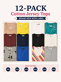 12-PACK Assorted Pure Cotton Mixed Styles Tops - Size 6/8 to 26/28