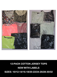 12-PACK Assorted Pure Cotton Mixed Styles Tops - Size 10/12 to 30/32