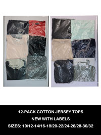 12-PACK Assorted Pure Cotton Mixed Styles Tops - Size 10/12 to 30/32