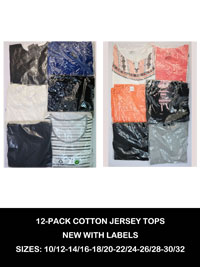12-PACK Assorted Pure Cotton Mixed Styles Tops - Size 10/12 to 30/32