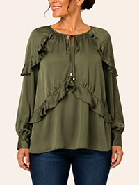 Olive Green Tie Neck Satin Ruffle Blouse - Size 10 to 12