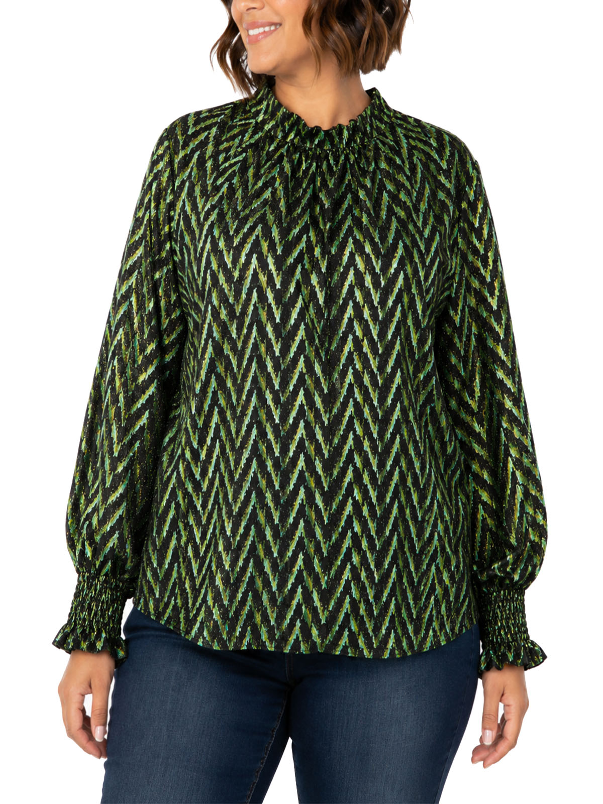 Black Green Metallic Chevron Blouse - Size 14 to 20