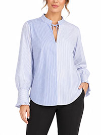 LIGHT BLUE Striped Tie Neck CottonRich Blouse - Size 18 to 26