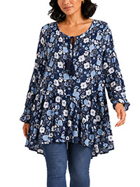 Blue Floral Boho Tassel Tie Tunic Top - Size 12 to 14