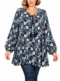 Blue Floral Boho Tassel Tie Tiered Tunic Top - Size 12 to 14
