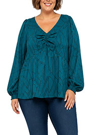 Dark GREEN Spotted Ruched V-Neck Volume Sleeve Blouse - Size 14 to 30