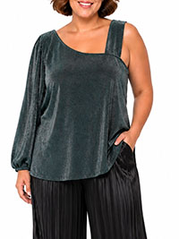 Teal Silver Shimmer One Shoulder Sleeved Blouse - Size 26