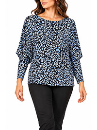 BLUE Abstract Print Jersey Batwing Sleeve Top - Size 14
